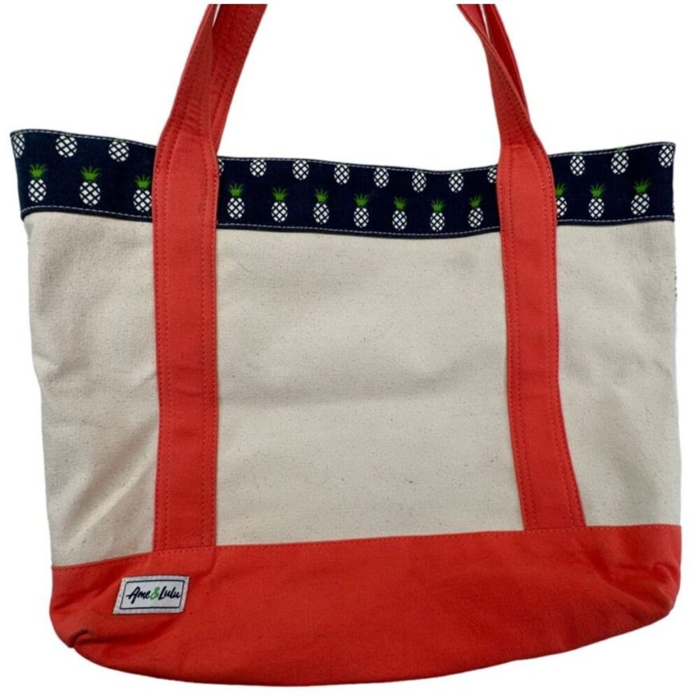 Ame & Lulu Canvas Tote/Wet Bag Coral/Navy/Beige Pineapples Beachy Sturdy Classic